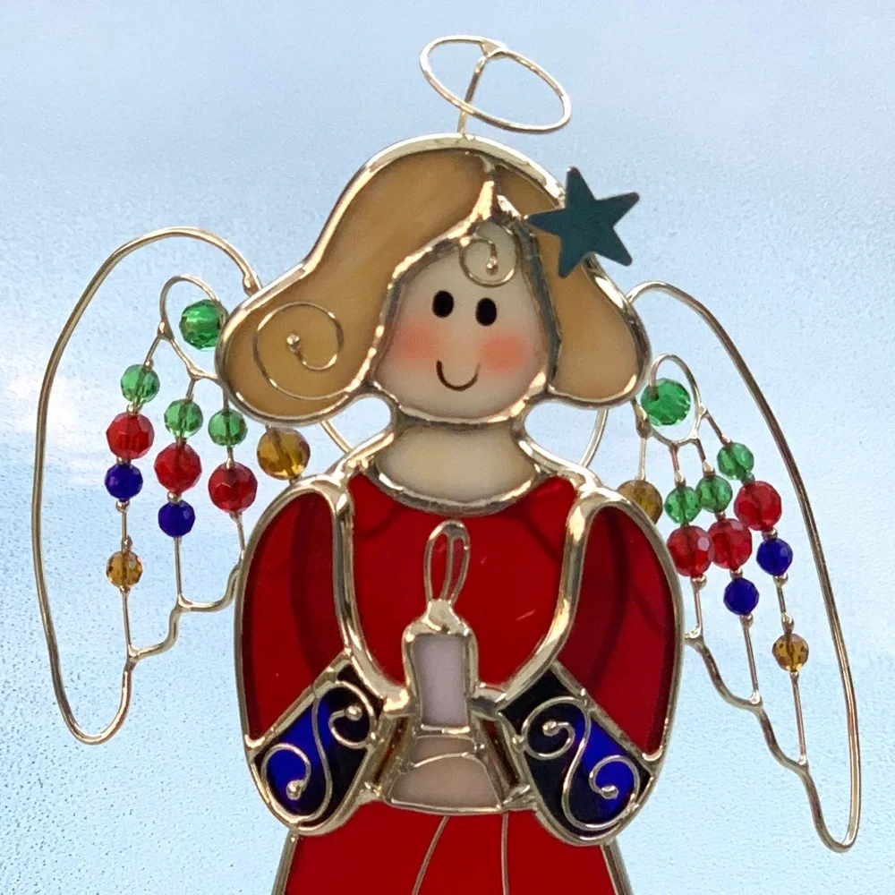 Stained Glass Angel Holiday Decor - Red and Gold